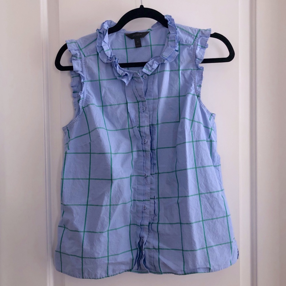 J. Crew Windowpane Ruffled Button Up Tank